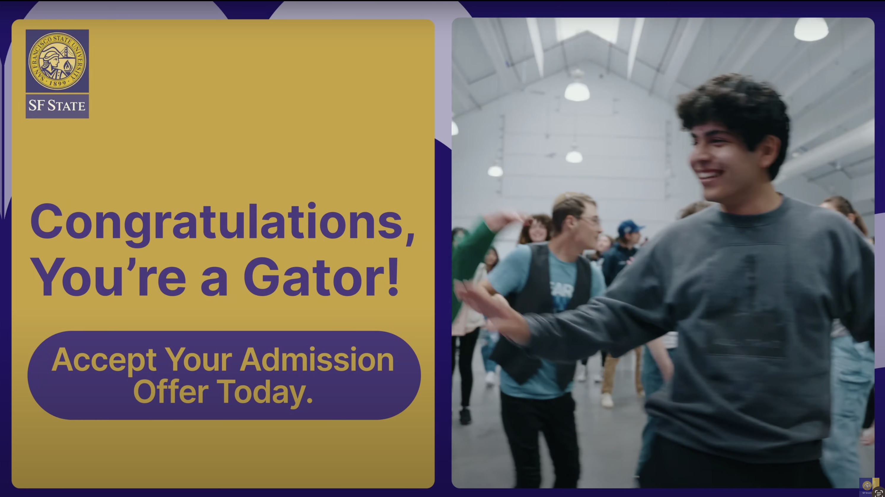 Congratulations, Your a Gator. Accept your Admission Offer Today. Group of students dancing in large room.