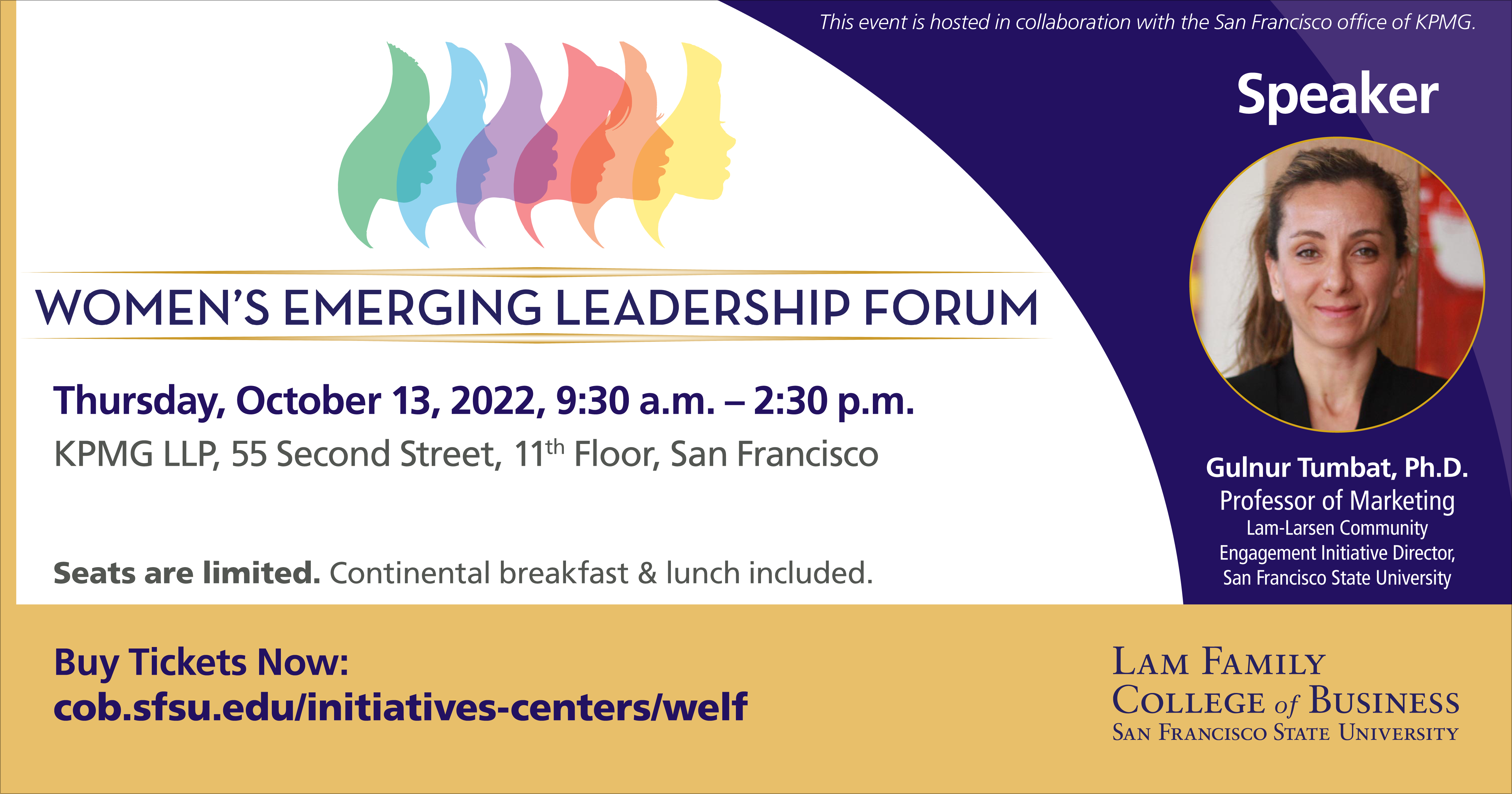 Advertisement for the Women's Emerging Leadership Forum with Speaker Gulnur Tumbat, Ph.D., to be held October 13, 2022