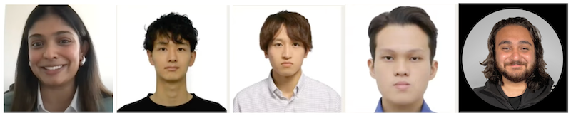 headshots of woman with long hair, 3 men with short hair, a 4th man with long hair and facial hair