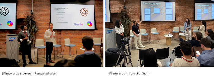 Two photos of students presented AI technology projects in front of audience at the 2025 Emerging Technologies Conference, San Francisco State University, Lam Family College of Business