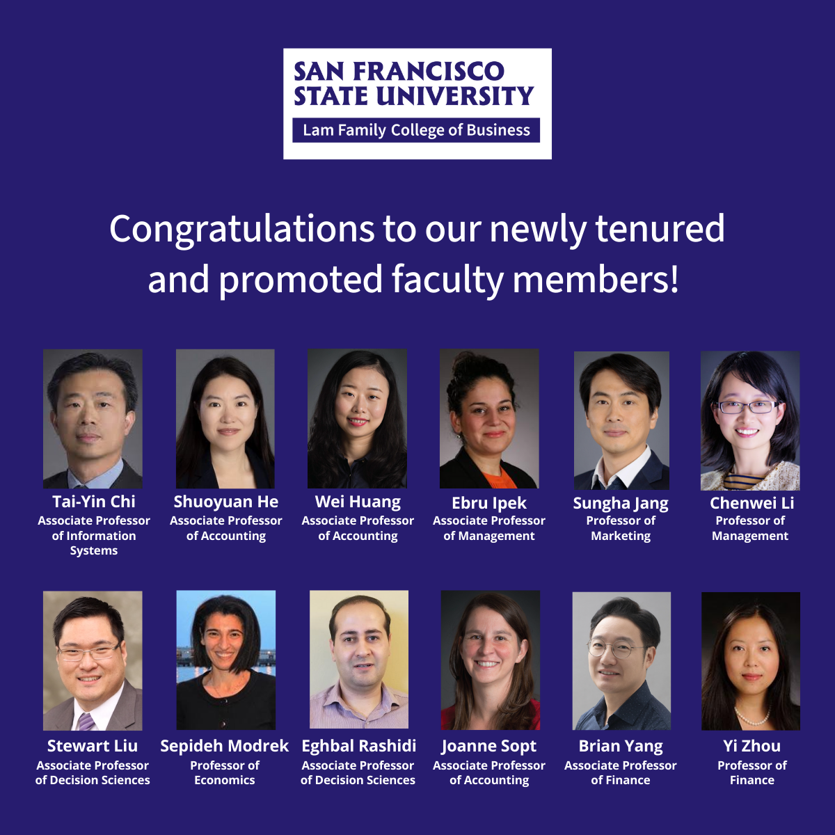 SFSU Lam Family College of Business 2025 Faculty Promotions - 12 faculty headshots