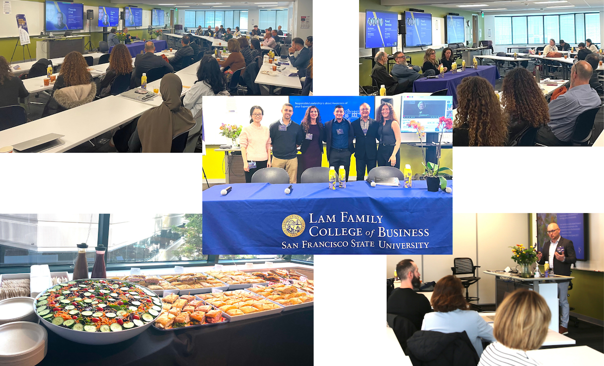 LFCoB 2025 RI&E Conference photo montage, with attendees sitting at tables watching speakers, a panel of speakers, a group of attendees standing behind a table, a buffet table, and one speaker standing behind a podium