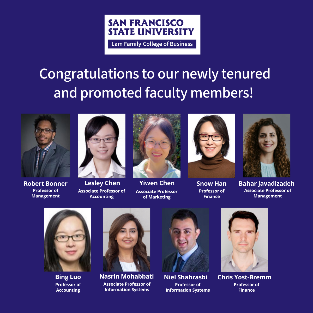 Faculty promotions announcement graphic from the San Francisco State University Lam Family College of Business featuring headshots and names of faculty promoted to Full Professor and Associate Professor for Fall 2026.