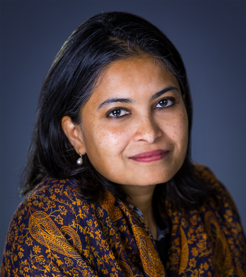 Anoshua Chaudhuri headshot, with medium length dark hair, wearing brown and blue patterned top, against a dark gray background wall