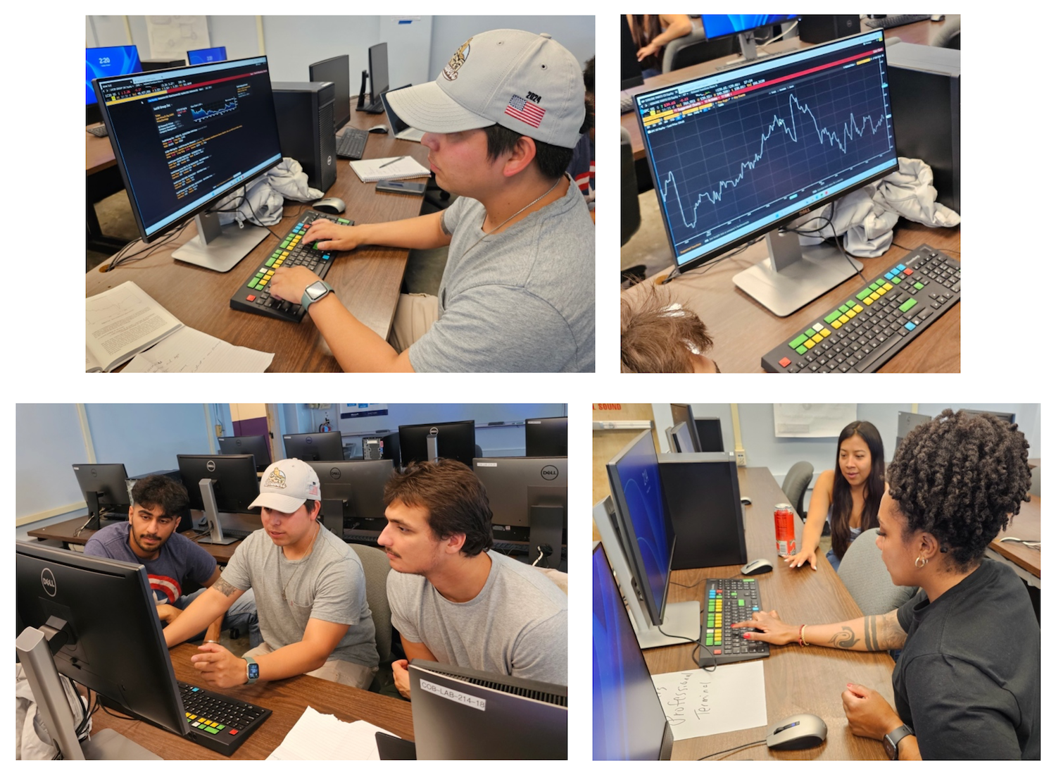 Bloomberg terminals in classroom with group of students using them