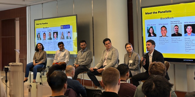 SFSU student visit to BlackRock office in 2025 with a panel of speakers, including 2 SFSU students