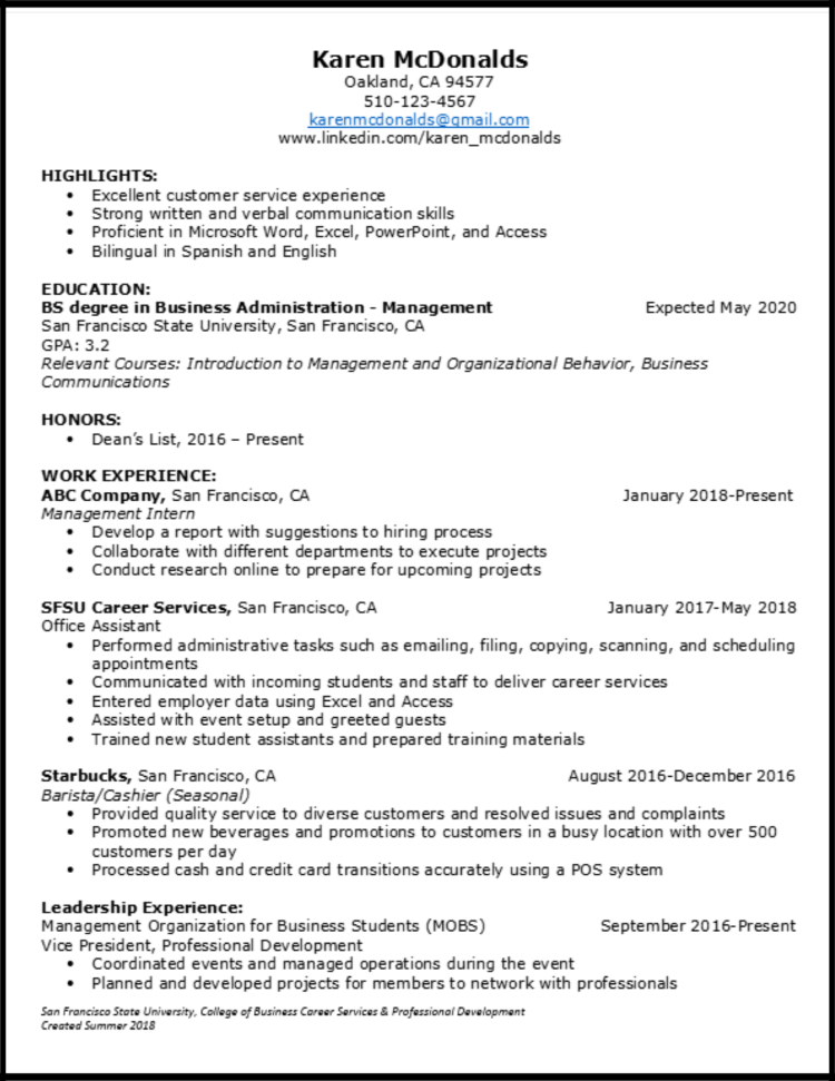 College Student with Some Experience Sample