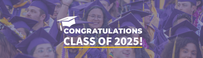 SFSU Commencement, Congratulations Class of 2025. Group of college graduates in caps and gowns in the background