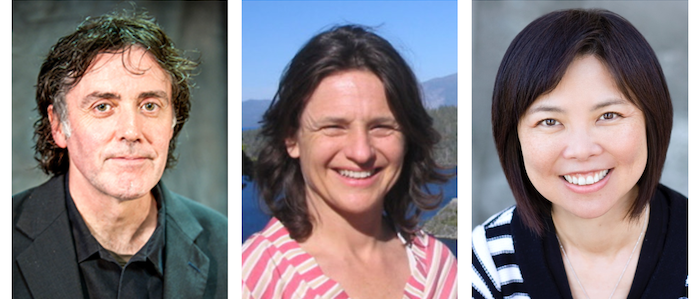 Photo montage of headshots of John Logan, Camille Antinori, Yikuan Lee. Man with long, dark hair in a suit. Woman with short, brown hair with red and white striped top outside near mountains and lake. Woman with short, dark hair with blue and white striped top with gray background.