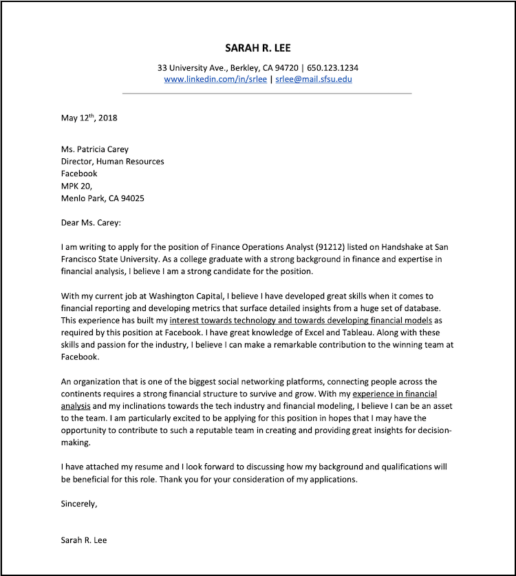 Cover Letter Full-Time Role Sample