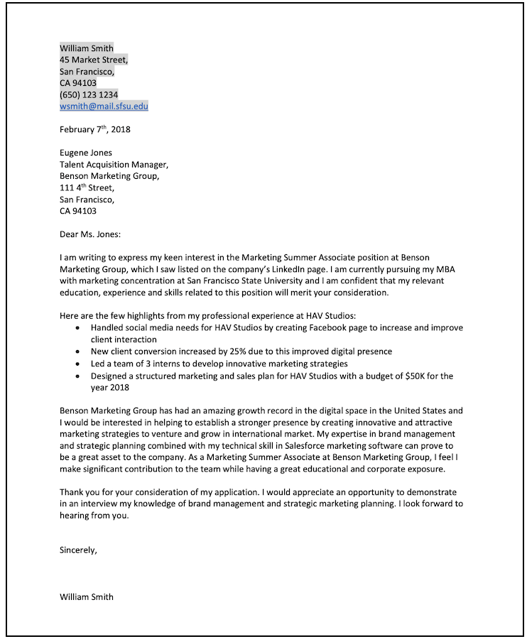 Cover Letter Internship Sample