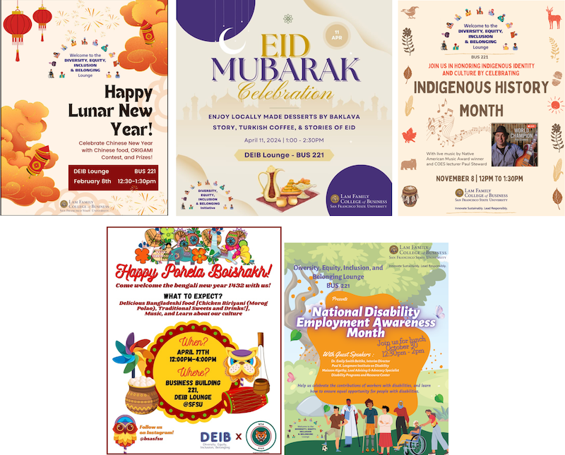 Various flyers for Diversity, Equity, Inclusion and Belonging events