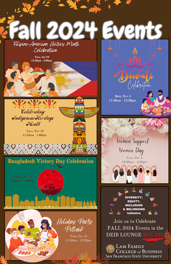 Flyers from various Fall 2024 events hosted by the LFCoB Diversity, Equity, Inclusion and Belonging Initatiive