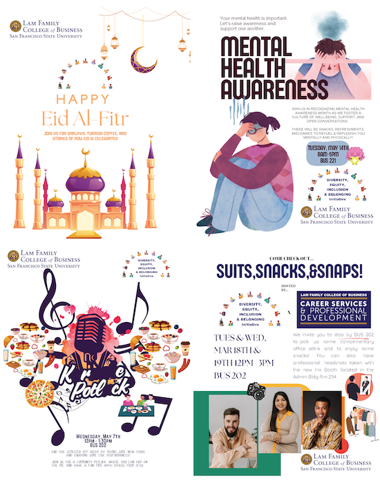 Various Spring 2025 event flyers from the LFCoB Diversity, Equity, Inclusion and Belonging Initiative