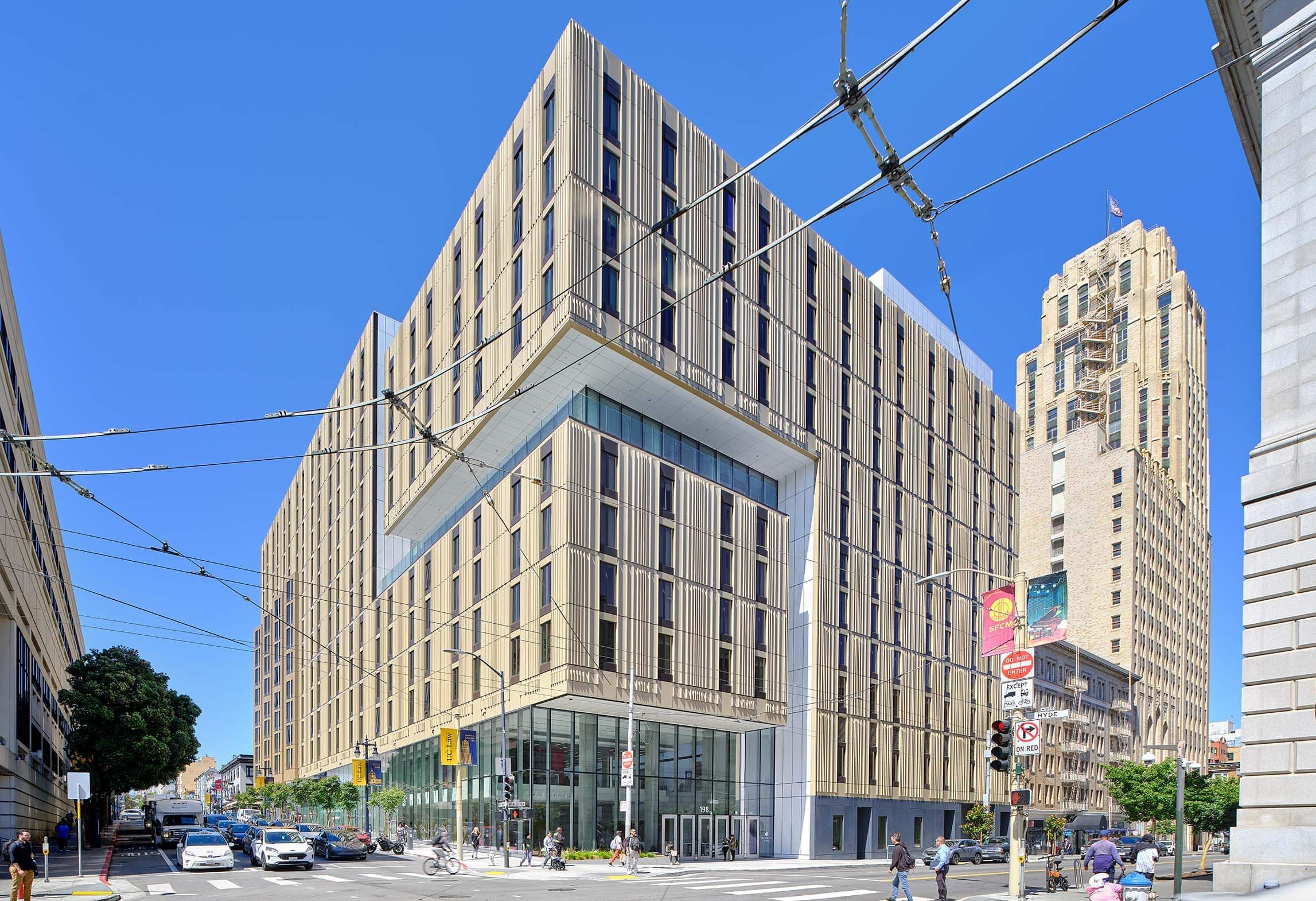 Corner view of building exterior at 198 McAllister Street, San Francisco, where SFSU Downtown Campus is located within UC Law-San Francisco's building 