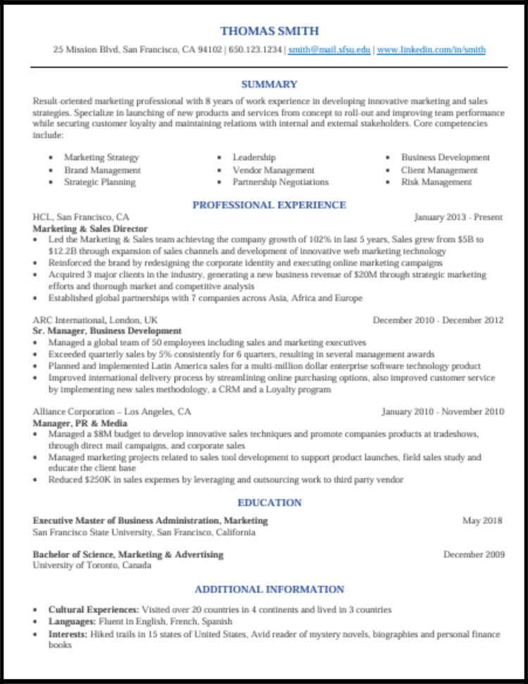 EMBA Resume Sample