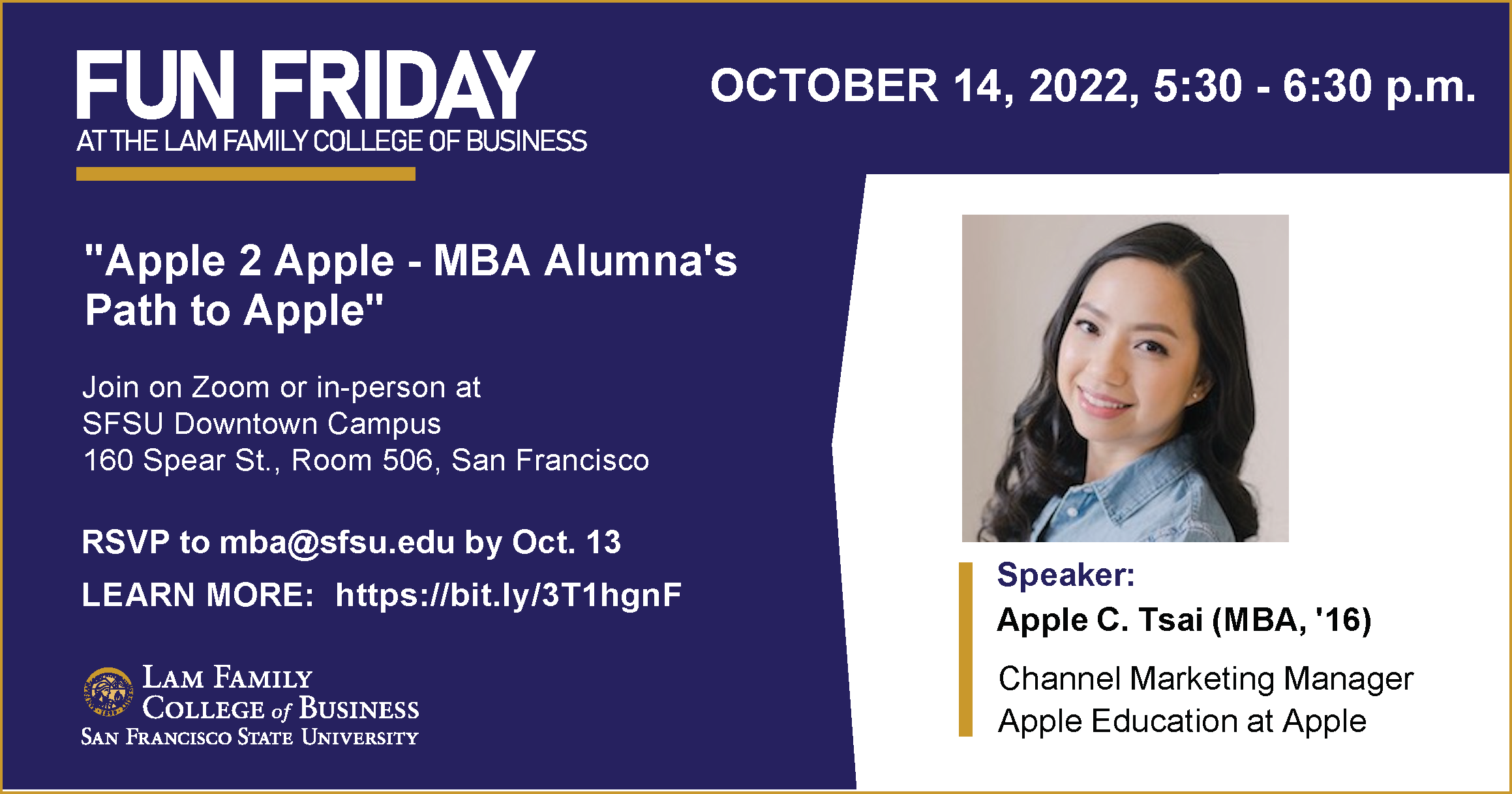 Fun Friday, Oct. 14, 2022, event at SFSU Downtown Campus and on Zoom; speaker Apple Tsai headshot