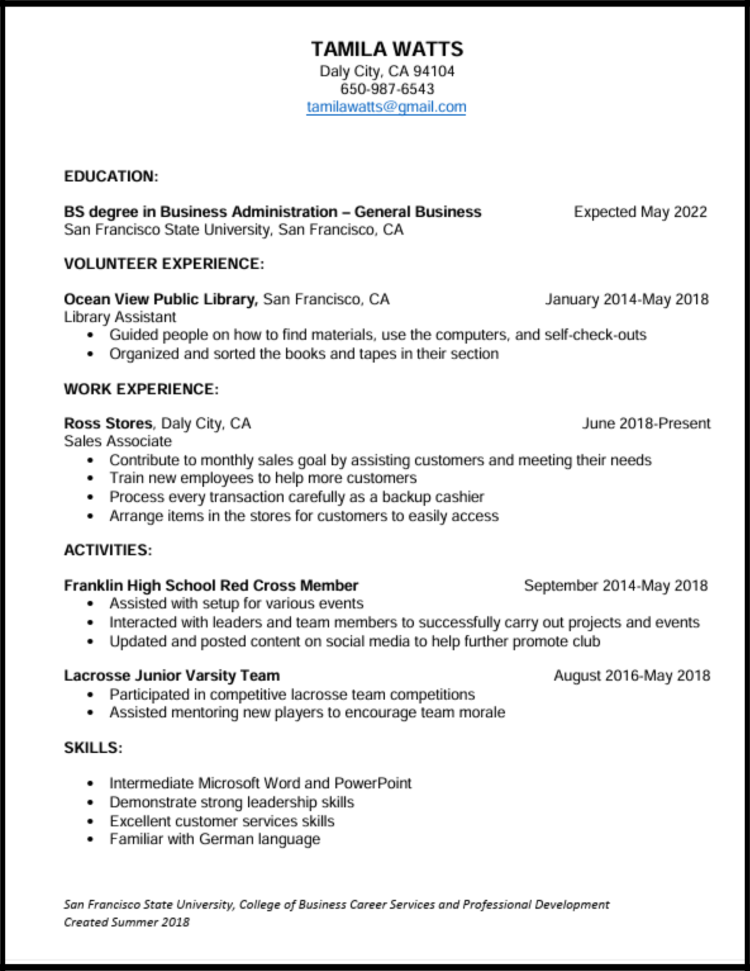Freshman Resume Sample