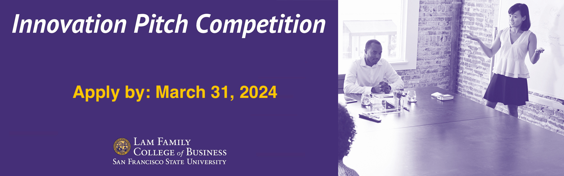 Innovation Pitch Competition Apply by March 31, 2024, woman standing and presenting in a conference in front of group of people sitting at conference table 