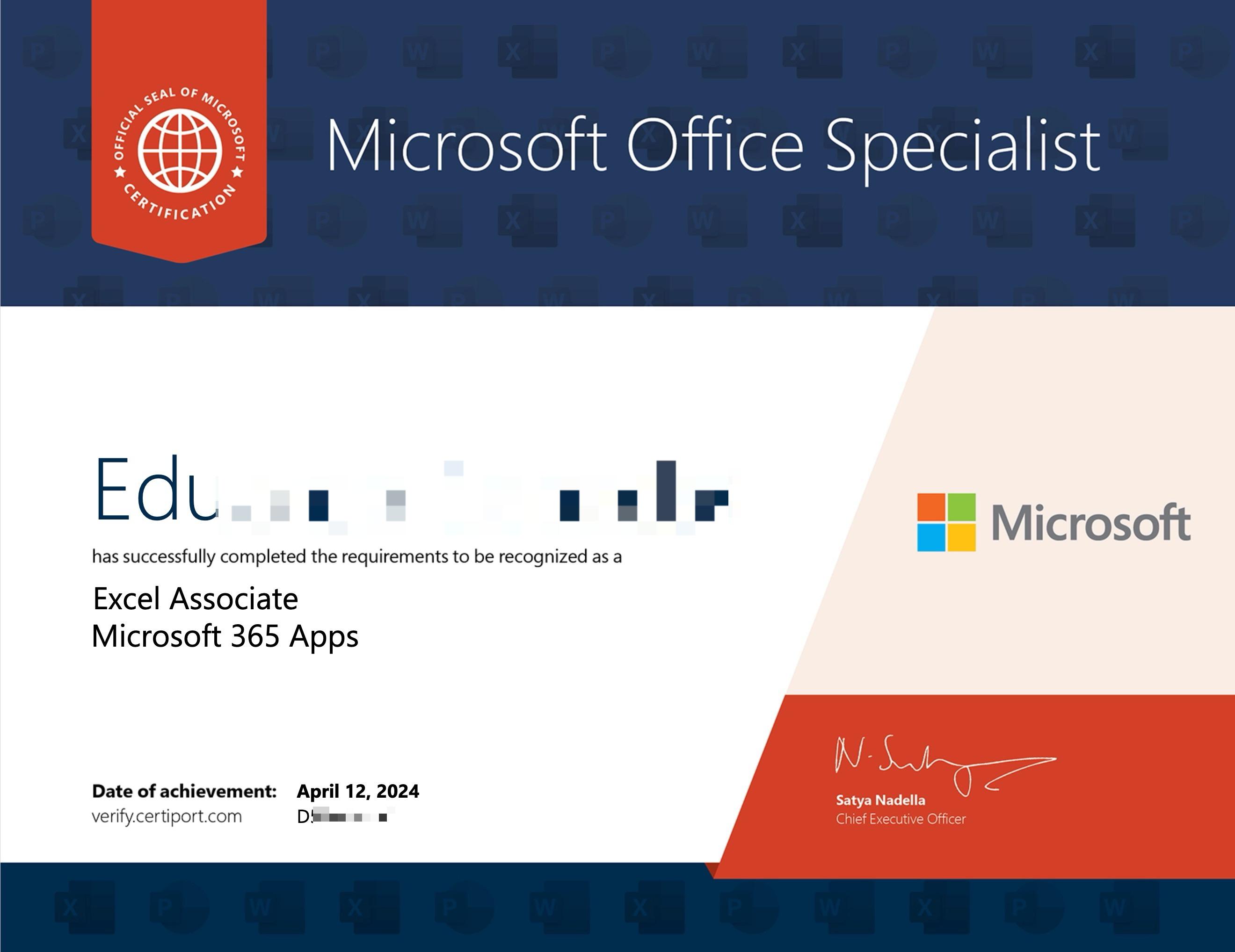 Microsoft Office Specialist (MOS) Certificate Sample for Excel