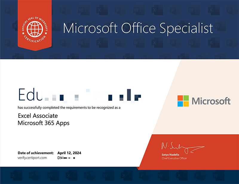 Sample of Microsoft Office Specialist Certificate for Excel