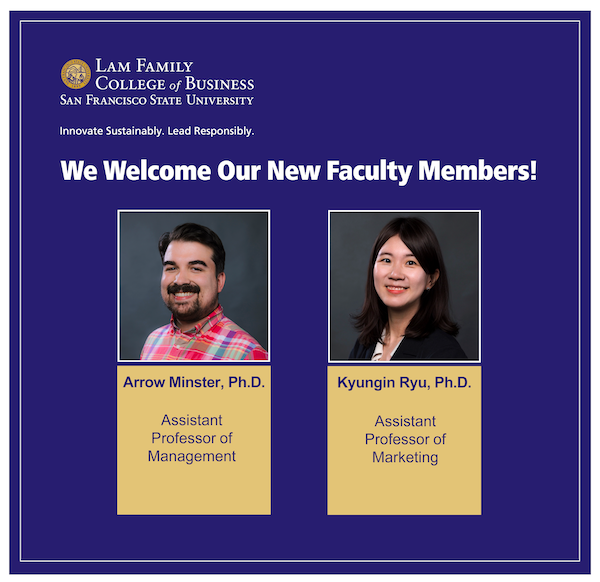 New faculty headshots, person with dark short hair, beard and wearing plaid shirt; female with medium length dark brown hair, wearing dark blazer and light top