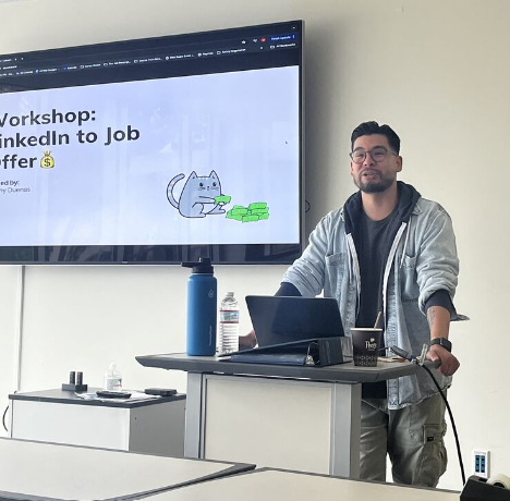  Guest speaker and alum Manny Duenas, April 24, 2024, Library 121, gave a talk titled "From LinkedIn to Job Offer," which was open to all students.