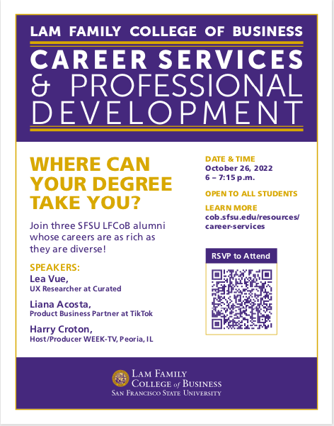 This is a flier for an upcoming event about how to pivot in in your career featuring three SFSU alumni!