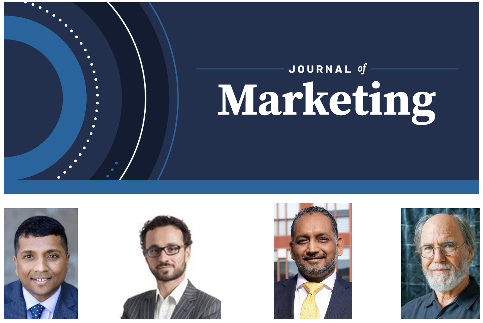 Journal of Marketing banner with Kumar, Michelli, Singh, and Golberg headshots