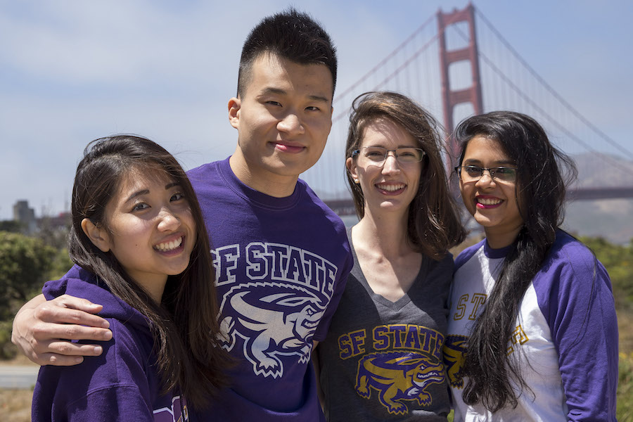 four students near golden gate bridge